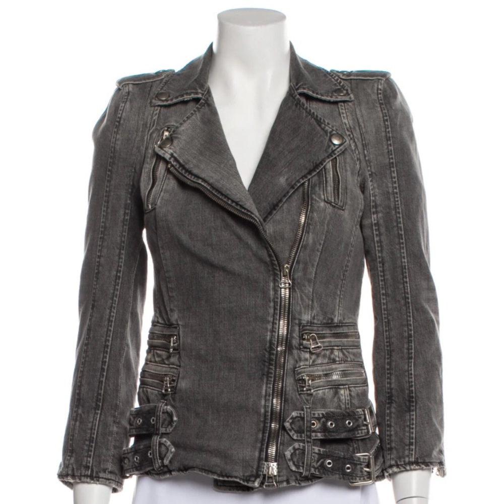 Balmain Paris moto biker denim jean jacket grey gray XS Kate Moss Kim Kardashian - Picture 6 of 12
